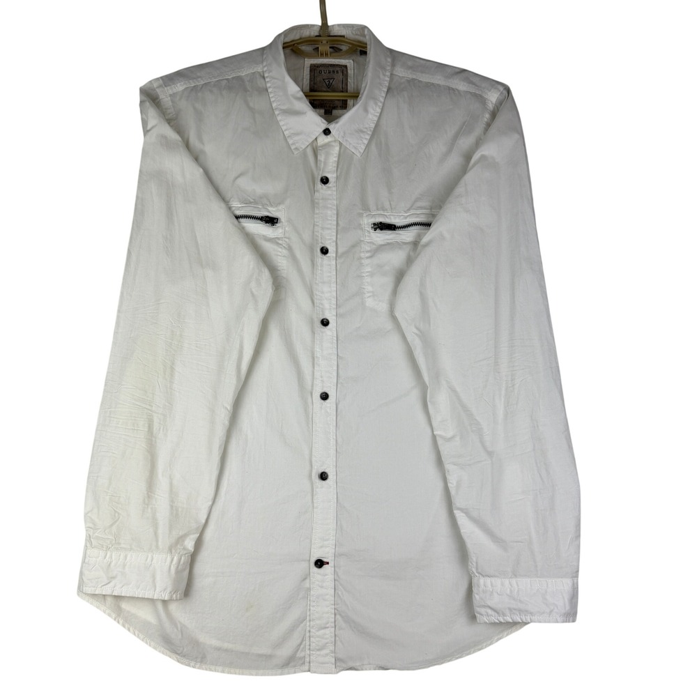 Guess Button Down Shirt Mens XXL White Long Sleeve Zipper Pockets M33H52B5M00